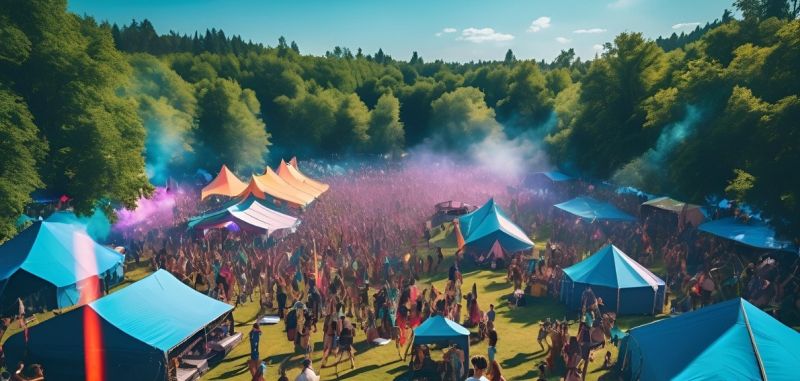 Campingområde på en festival med genbrugsbeholdere og solcellelys