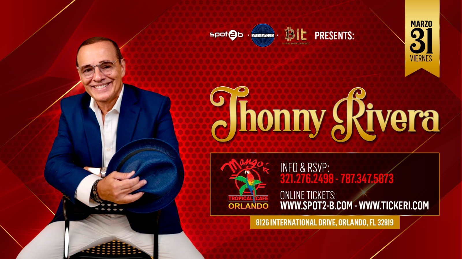 Jhonny Rivera at Mangos Orlando Tickets Orlando Mango's Tropical