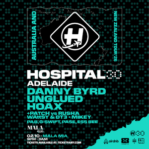HOSPITAL30 Feat DANNY BYRD, UNGLUED, HOAX at Mala Mia Adelaide flyer