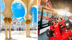 From Dubai: Abu Dhabi Grand Mosque & Ferrari World tour - Shared Audio Guided Tour & Transfers flyer