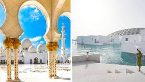 From Dubai: Abu Dhabi Grand Mosque & Louvre Museum with Lunch - Shared Audio Guided Tour & Transfers flyer