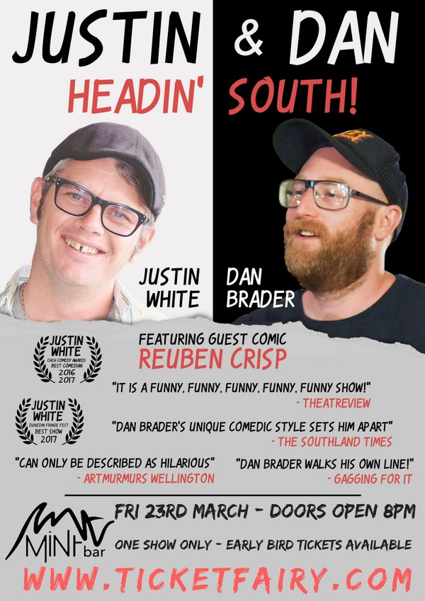 Stand up comedy Justin & Dan Headin' south Tickets Wanaka Mint Bar The Ticket Fairy