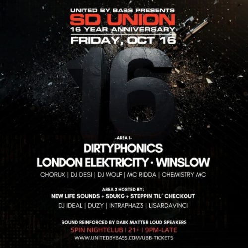 Celebrate 16 Years of SD Union With Dirtyphonics, London Elektricity and More on October 16